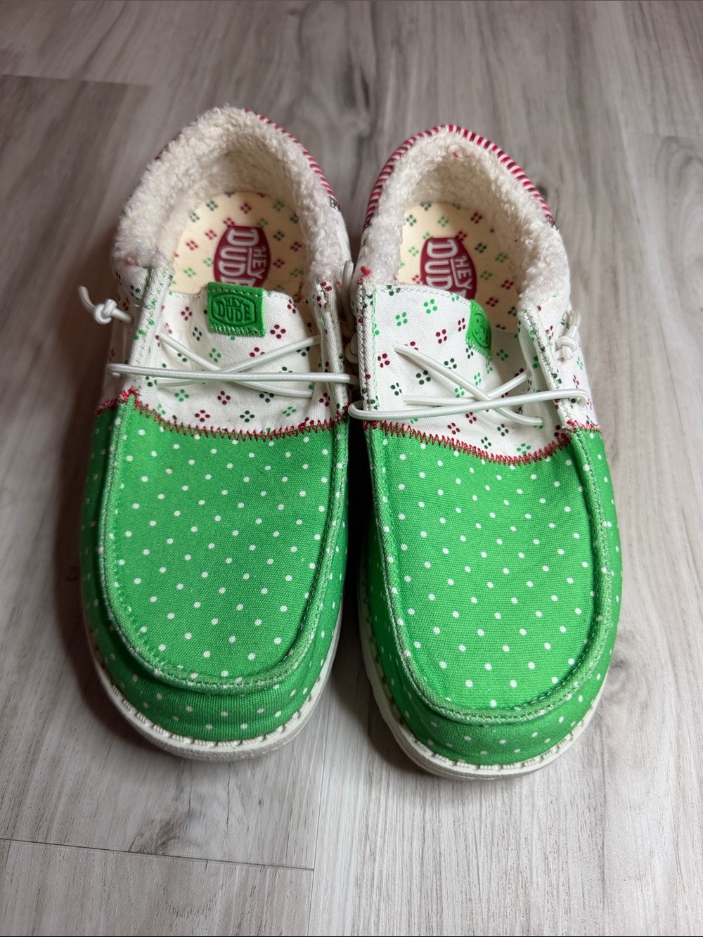 Hey Dude Christmas Red, green and White Slip-On Sneakers youth sz 6
